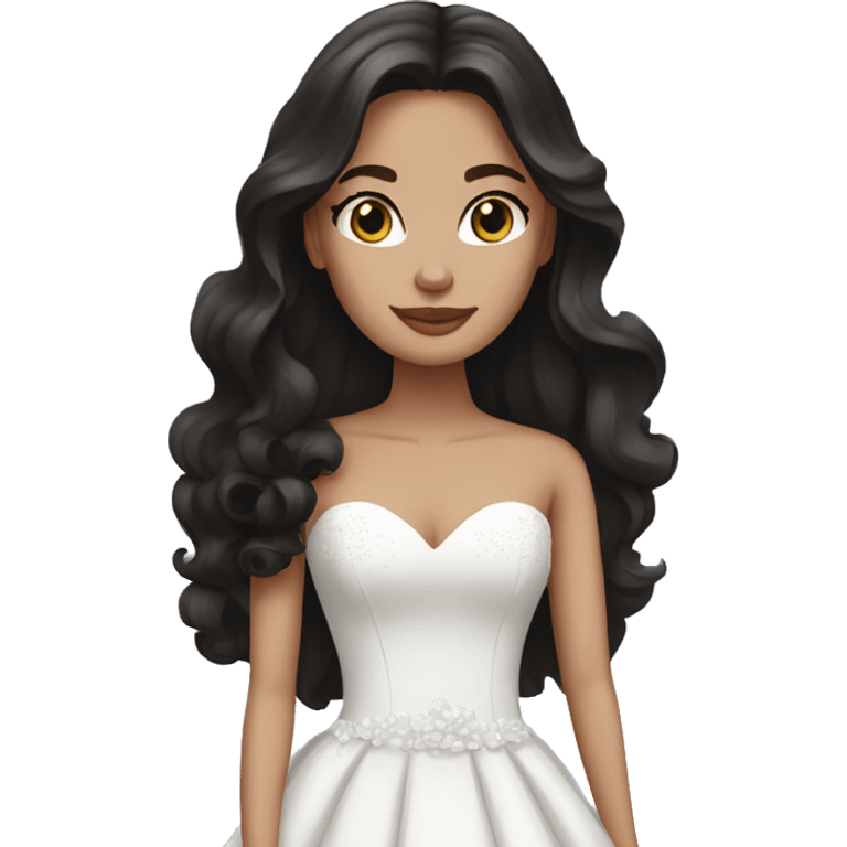 White bride with wavy dark brown long hair, blue eyes in a black wedding dress emoji