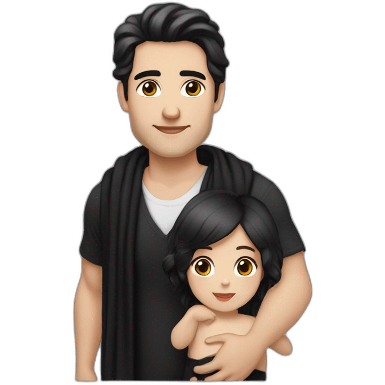 Daddy with black hair, white skin tone wear black shirt. His wife has white skin wear black long blaus, black shawl. The baby wear black tshirt emoji