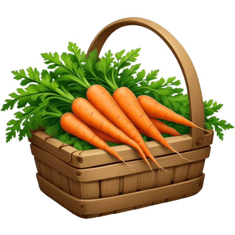 Cinematic vibrant orange carrot, crisp and fresh, slightly twisted with green leafy tops, arranged in a rustic wooden basket, natural and inviting. emoji