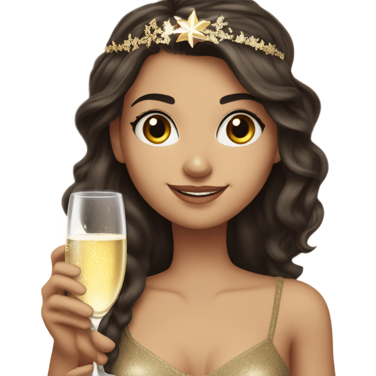 White girl with long dark brown hair and brown eye wearing a happy new year headband and holding a champagne glass emoji