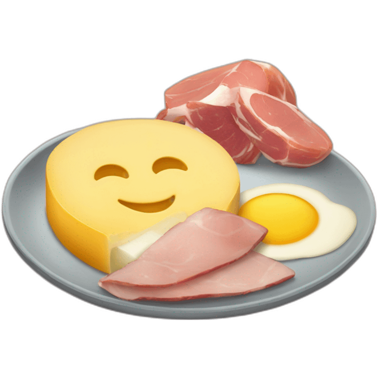 A big Melting raclette cheese in a plate with a little piece of ham and 4 potatoes  emoji