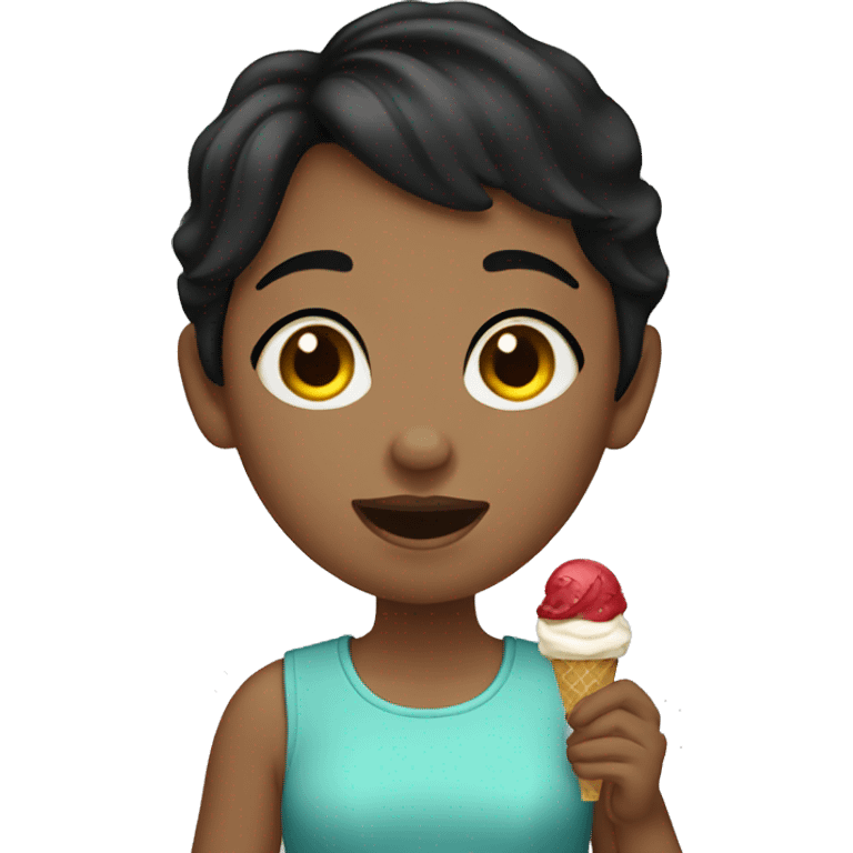 A short-haired girl with black hair eats ice cream emoji