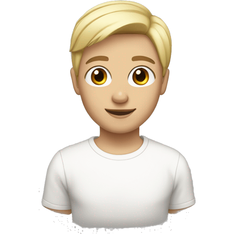 Blonde, short straight hair, brown eyes, fair skin, white T-shirt emoji