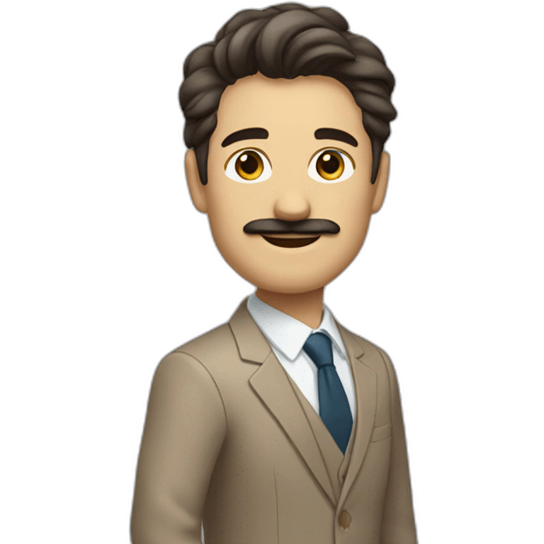 Man with light brown suit, dark hair and small mustache waving emoji