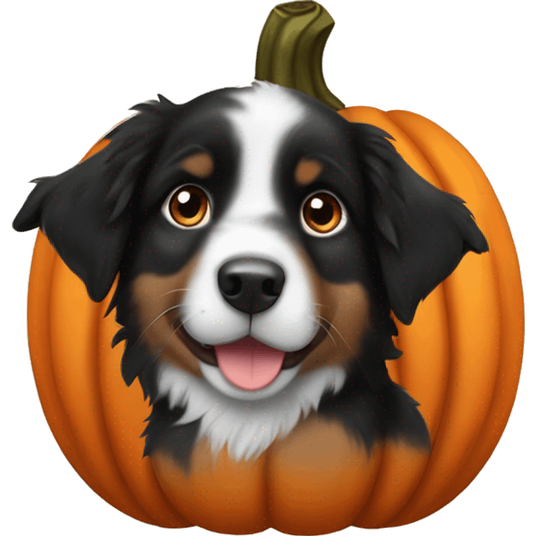 black australian shepherd puppy in a pumpkin emoji