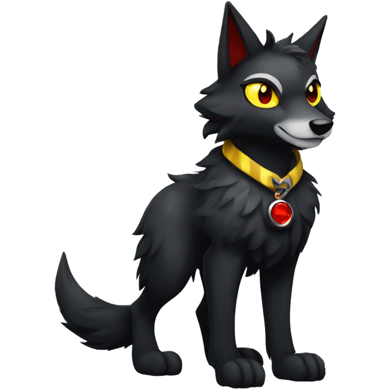 black Shiny Fionbri-Falvie-sparkle-wolf-sona with yellow eyes, red edgy markings full body fursona emoji