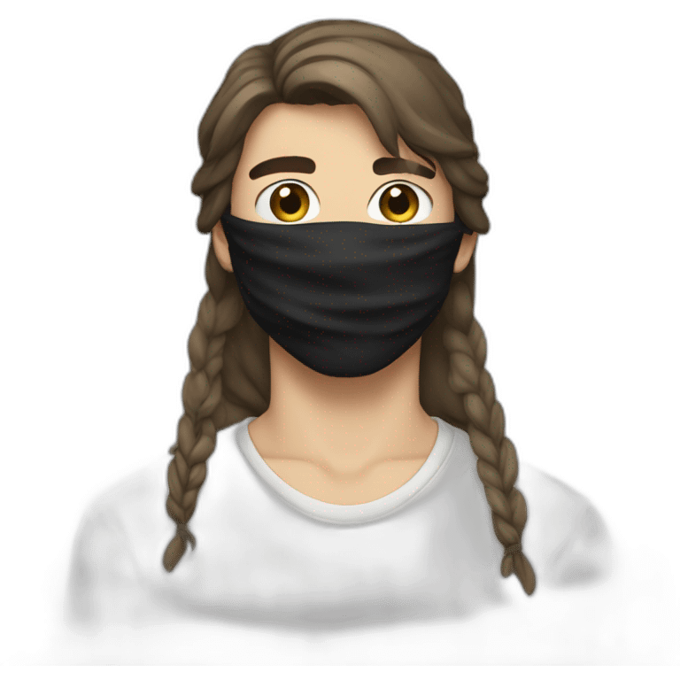 a 17-year-old boy with long brown hair in a square cut, wearing a black bandana with white elements tied on his forehead. Light mustache  emoji