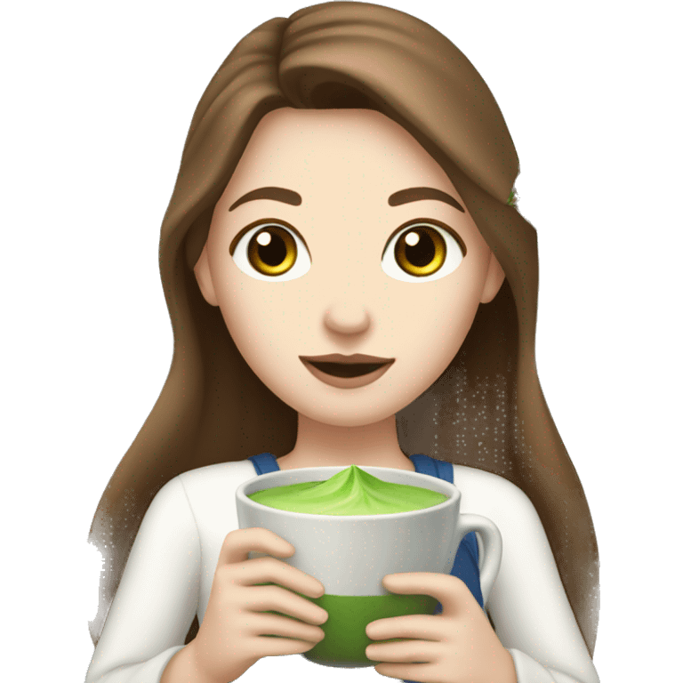 white girl with long brown hair and blue eyes holding a matcha  emoji