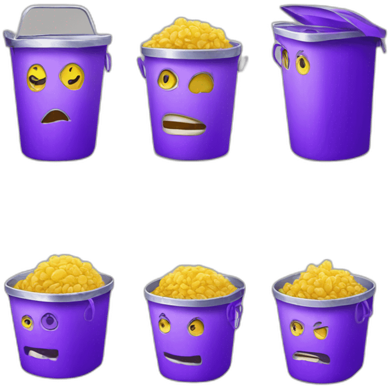 a silver trash bin, smiley face, purple brain emoji