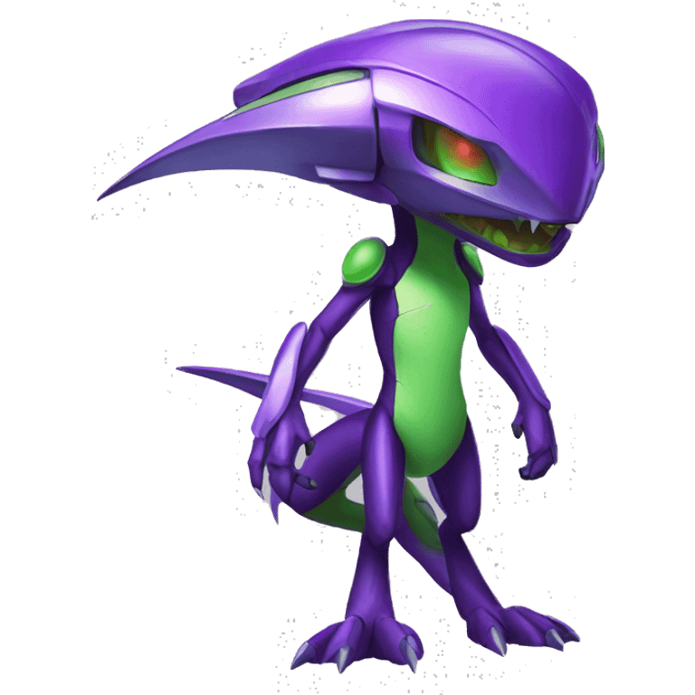 a shiny purple Genesect-Flygon-Raptor-Fakémon—hybrid with a futuristic visor-helmet full body emoji