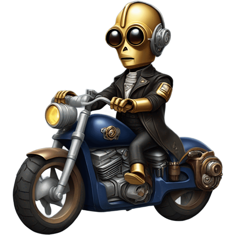 C-3PO wearing a pair of navy-blue rimmed sunglasses, hat, leather chaps, fringe jacket riding a steampunk motorcycle on ice  emoji