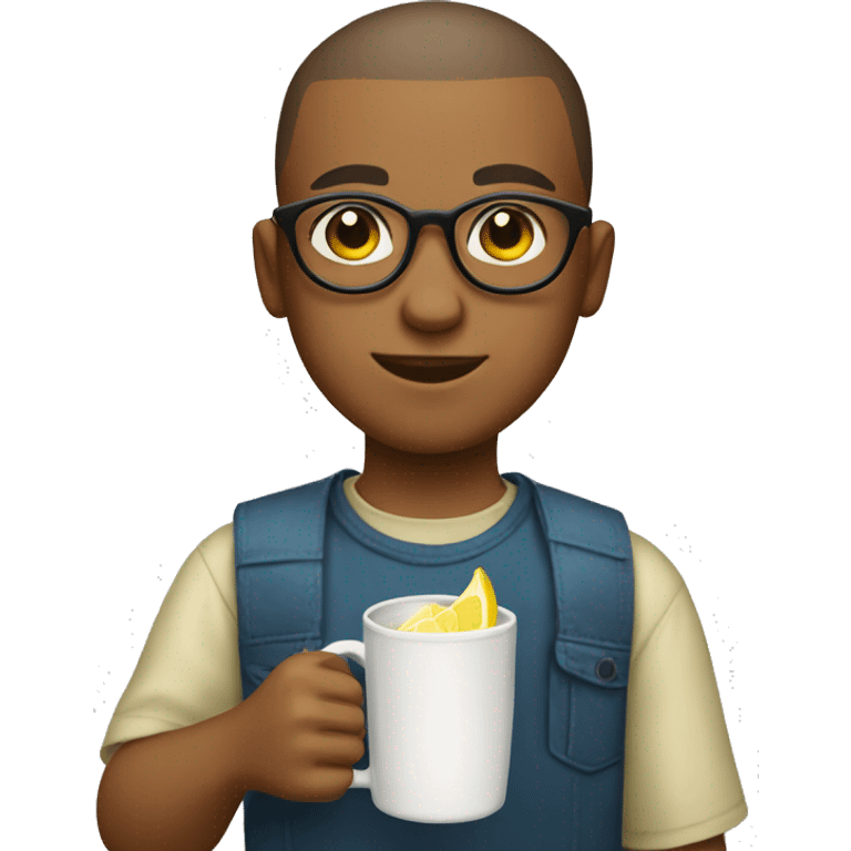 a boy with a buzzcut and round glasses holding a mug full of lemonade emoji