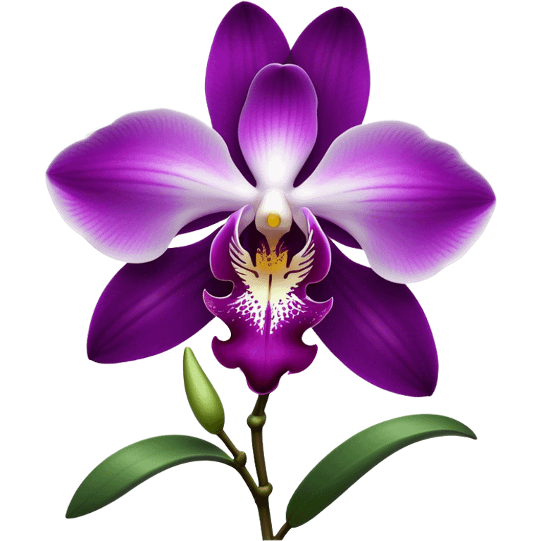 Cinematic Realistic Orchid Emoji, Exotic and elegant, with intricate, velvety petals in deep purple and white, forming a delicate and symmetrical blossom. The slender green stem holds the flower high, while surrounding leaves add lush contrast. Soft glowing outline, capturing the essence of rare beauty and sophistication in a captivating orchid. emoji