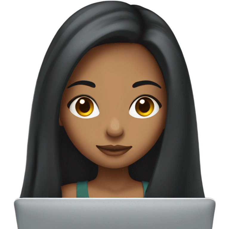 Pretty mixed girl with long dark hair using a laptop emoji