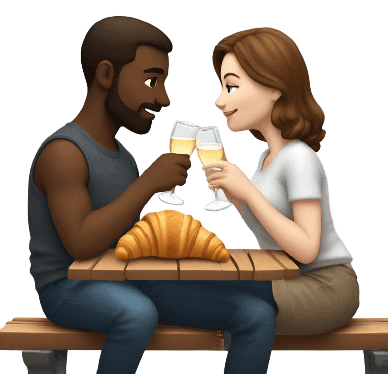 couple with white skin people and brown hair, sitting closely on a park bench, enjoying a romantic moment. One person is holding a croissant, and the other is holding a glass of Prosecco.  emoji