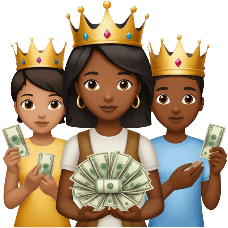 rich black group of friends mixed with girls and boys holding money one girl has on a crown and they have on shirts that says “ Wto “  emoji