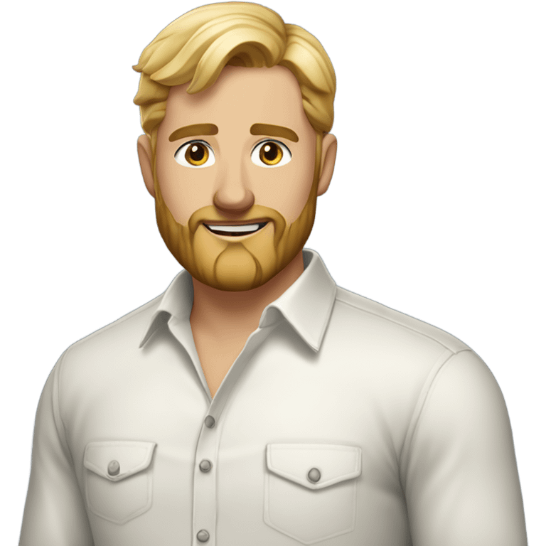 english man, short gel hair blonde, blonde medium length size full beard, light eyes, in a smart unbuttoned shirt. emoji