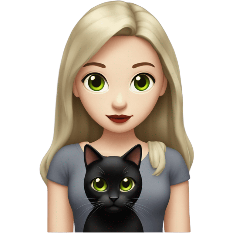 A teenage girl with white skin, she have some green hazel eyes, red lipstick, mid long straight dark brown hair, she have an eyeliner and she is holding a black cat in her arms, view from close emoji