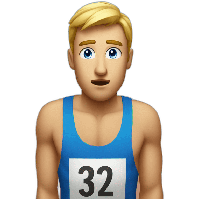 A guy looking confused at the start of a race with blue eyes emoji