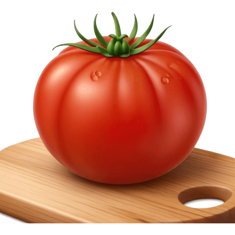 Cinematic juicy ripe tomatoe, deep red, slightly dewy, arranged on a wooden cutting board, soft glowing background, rich and flavorful. emoji