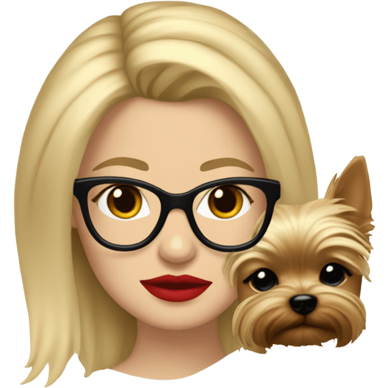 White girl, blonde hair, eyes closed, red lipstick wearing glasses hugs Yorkshire terrier  emoji