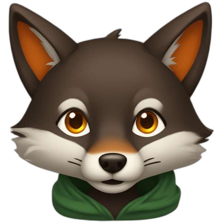 a small dark brown fox with orange eyes with a dark green hood that smile emoji