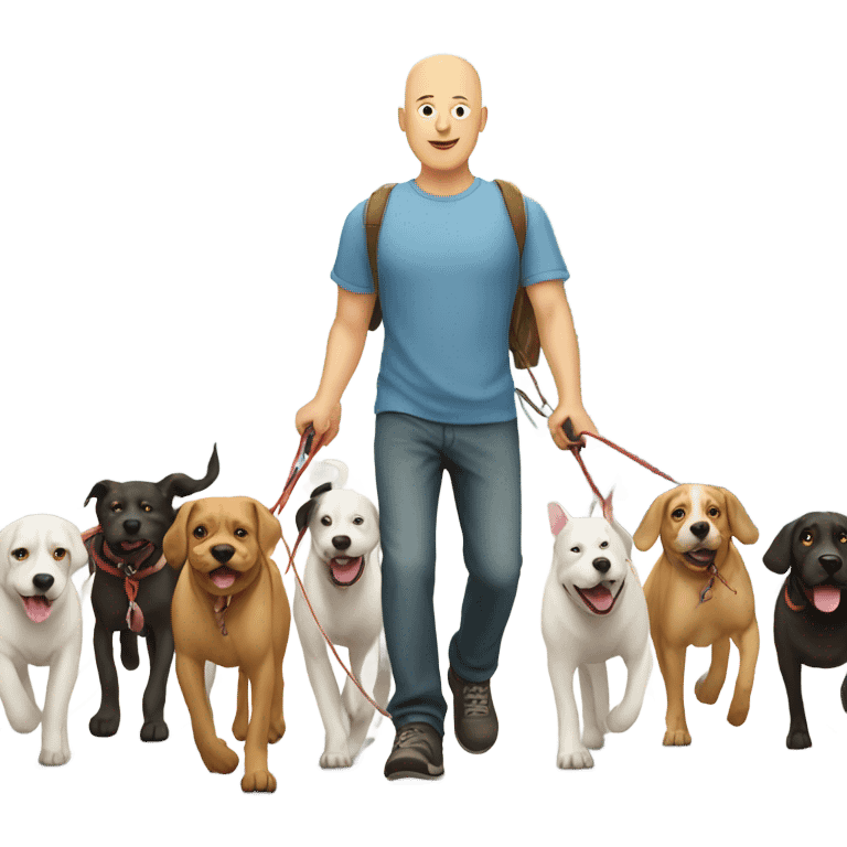 Bald man walking eight dogs on leashes emoji