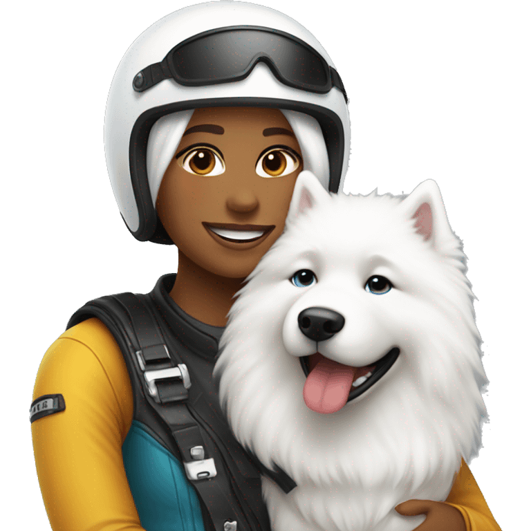 Girl biker white with a full helmet hugging a Samoyed  emoji