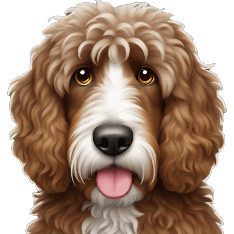 Bernedoodle with fringe over eyes dark redish brown with white in the cent emoji