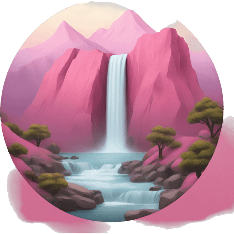 Serene pink mountain landscape with waterfall  emoji