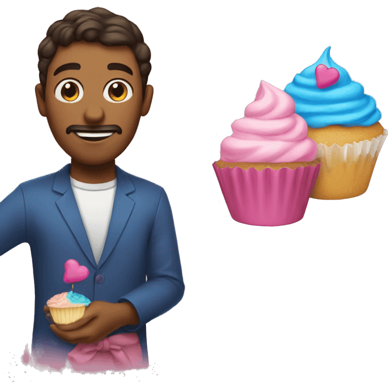 A man with a pink cupcake and a blue cupcake emoji