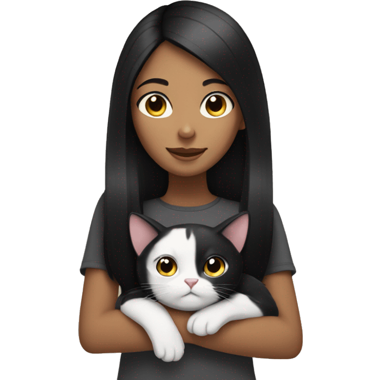 girl with black hair holding a black and white cat emoji