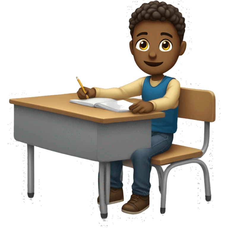 boy is sitting at school desk, hand is raised emoji