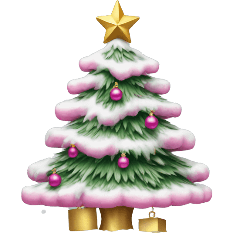 a snowy christmas tree with pink ornaments and a gold star and the top emoji