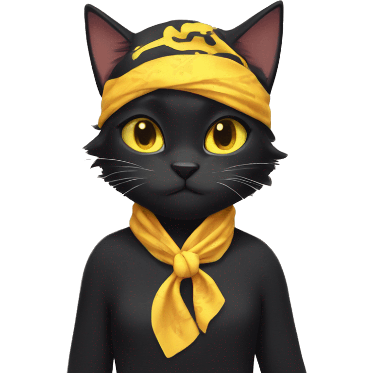 a black cat with yellow eyes and a bandanna around its neck, sora as a cat, kiki, anime cat, lineless, anime catgirl, emoji