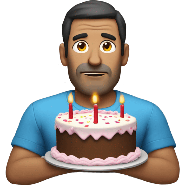 Middle aged dark haired man no moustache wearing inflatable armbands, holding a big birthday cake with a very sad face emoji