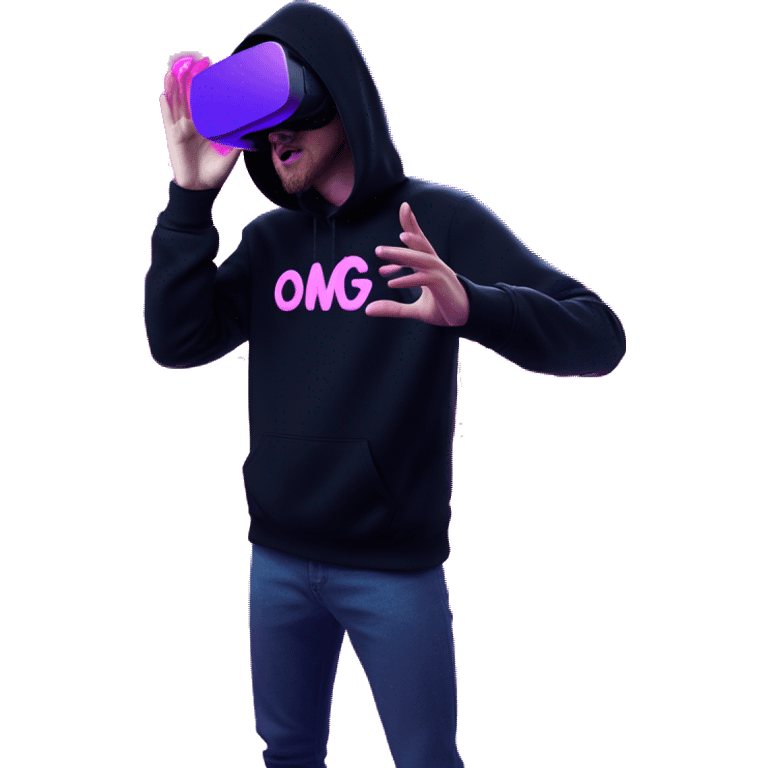 Russian man wearing a black hoodie with "OMG" letters on it and VR headset oculus quest 2 in a cyberpunk VR environment with violet neon lighting. Showing direction with hand emoji