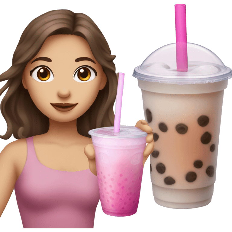 Girl with brown hair and blue eyes drinking pink bubble tea emoji