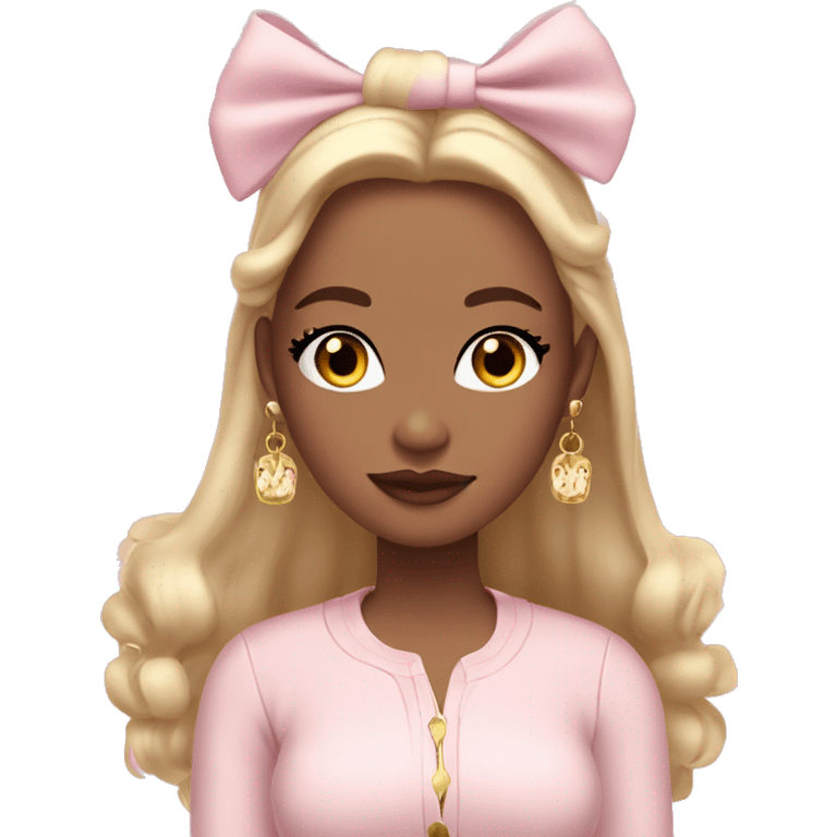 Girl with light skin straight hair wearing bow in her hair with coquette light pink colors and gold earrings wearing cute tight fit cardigan emoji