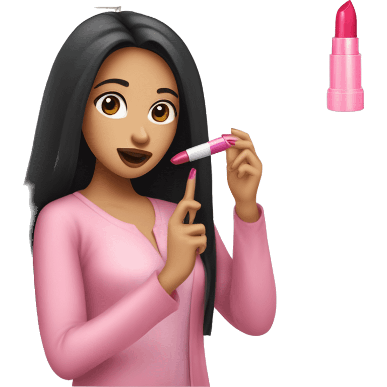 A girl putting on a lipstick. The girl has long black hair and a light skin. The girl is wearing a pink abaya. She is wearing a white top. She is wearing jeans. She is holding a small bag. She is looking at the mirror while applying the lipstick . emoji