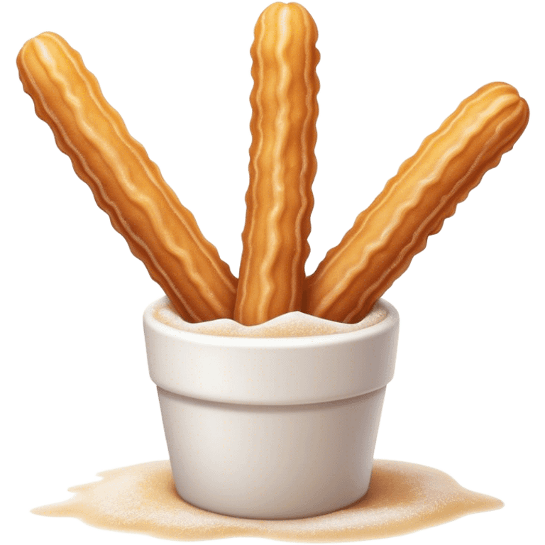 Cinematic Realistic Churros Dessert Emoji, showcasing crispy, golden-brown fried dough sticks dusted with sugar rendered with lifelike detail and warm, inviting lighting. emoji