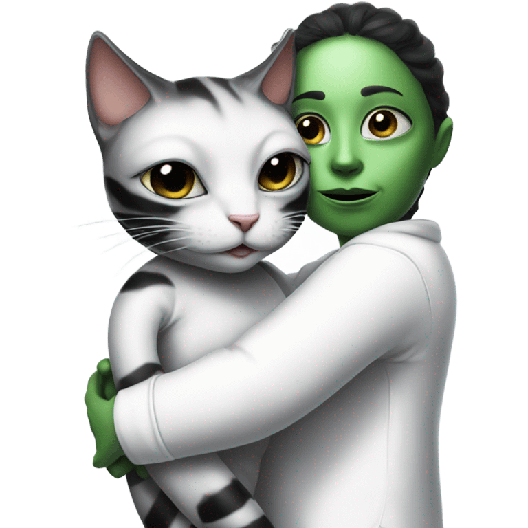 Reptilian alien woman meditation in white pajamas, hugs a black white cat emoji