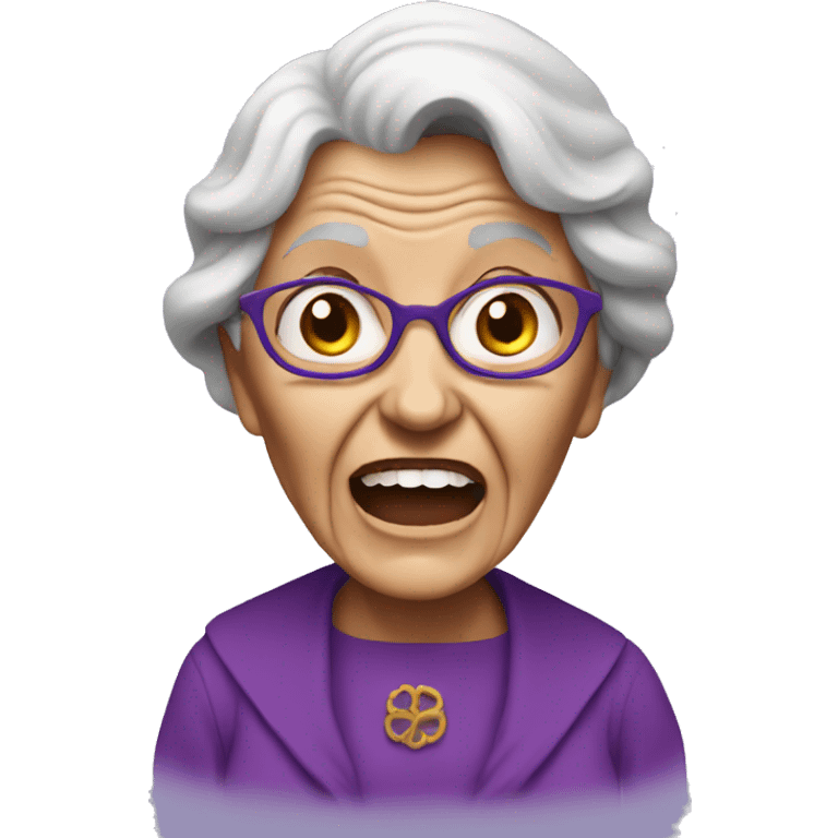 An old woman dressed entirely in purple screams  emoji