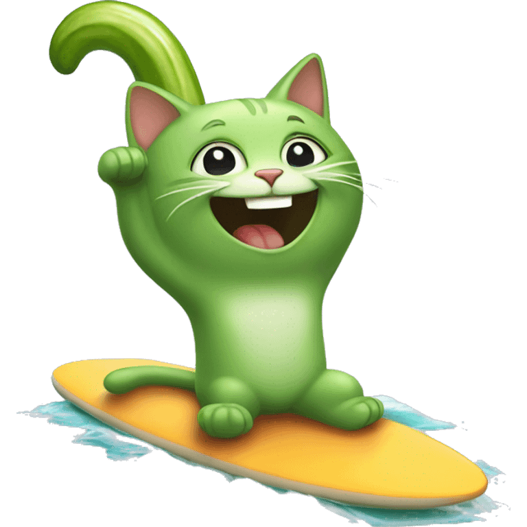 Cat on a surfboard eating a laughing cucumber emoji