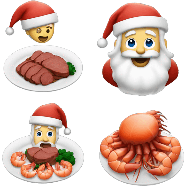 Santa Claus eating a plate of shrimp and a plate of beef roast emoji