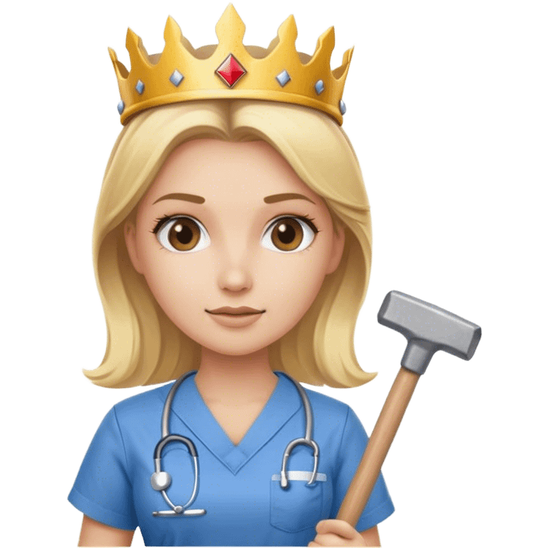 blond nurse girl wearing scrubs with a crown and a sledge hammer emoji