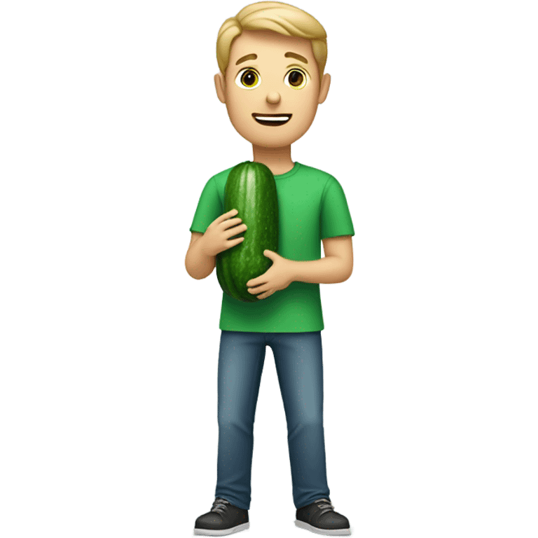 White man in green shirt holding cucumber emoji