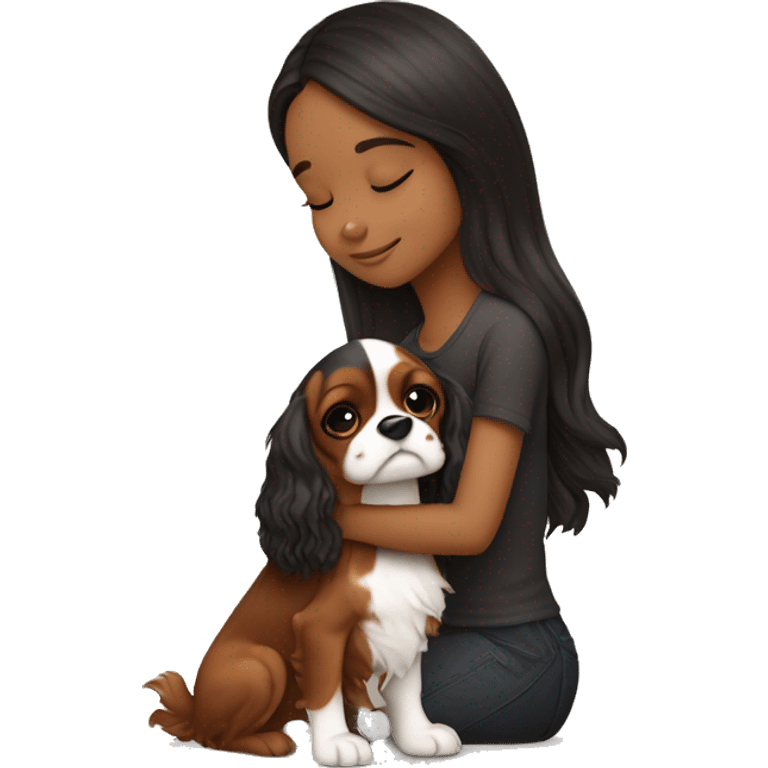 cute girl hugging two black and brown cavalier king charles spaniel  emoji