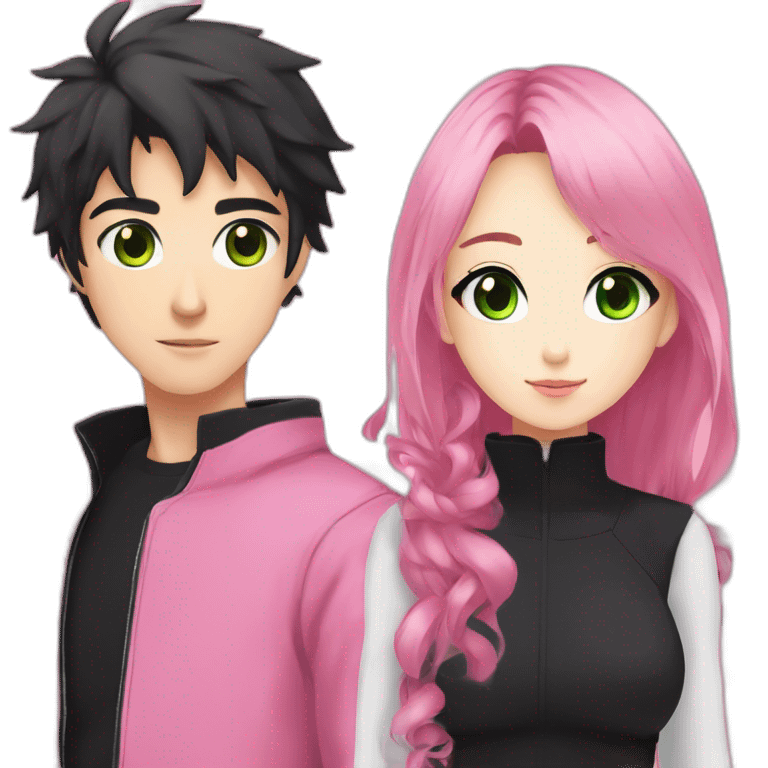 pretty anime girl with pink ninja clothes and cute makeup alongside a man that is taller than her in completely black clothing and has green eyes emoji