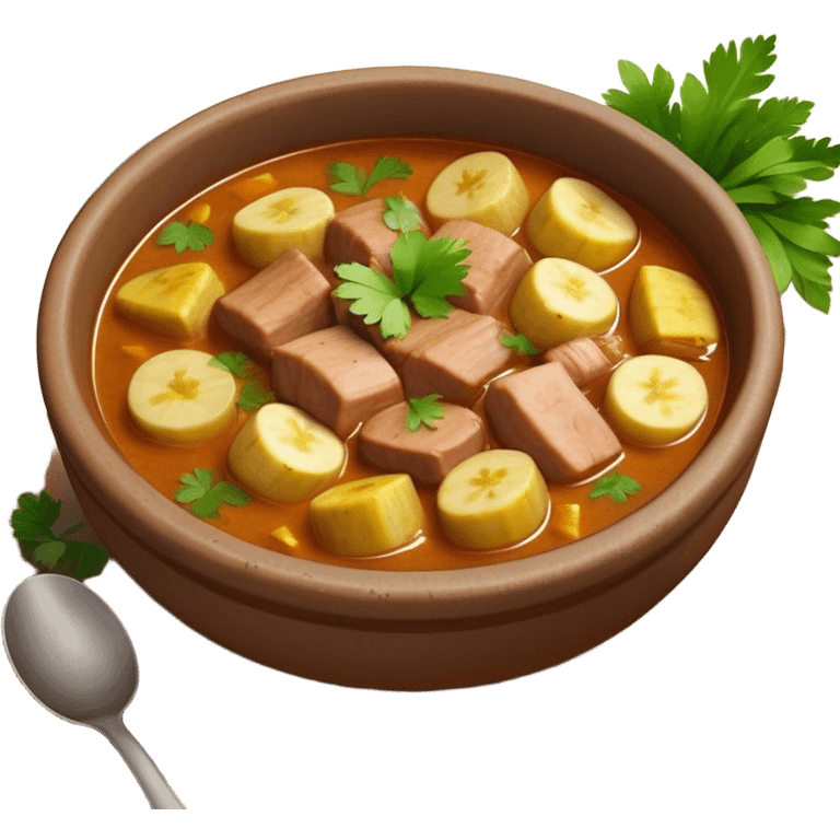 Cinematic Realistic Sancocho Antioqueño Emoji, depicting a hearty Colombian stew brimming with tender cuts of meat, yuca, plantains, corn on the cob, and potatoes in a rich, flavorful broth. Served in a rustic clay bowl with fresh cilantro and lime on the side, rendered with warm, inviting textures and homely, comforting lighting. emoji